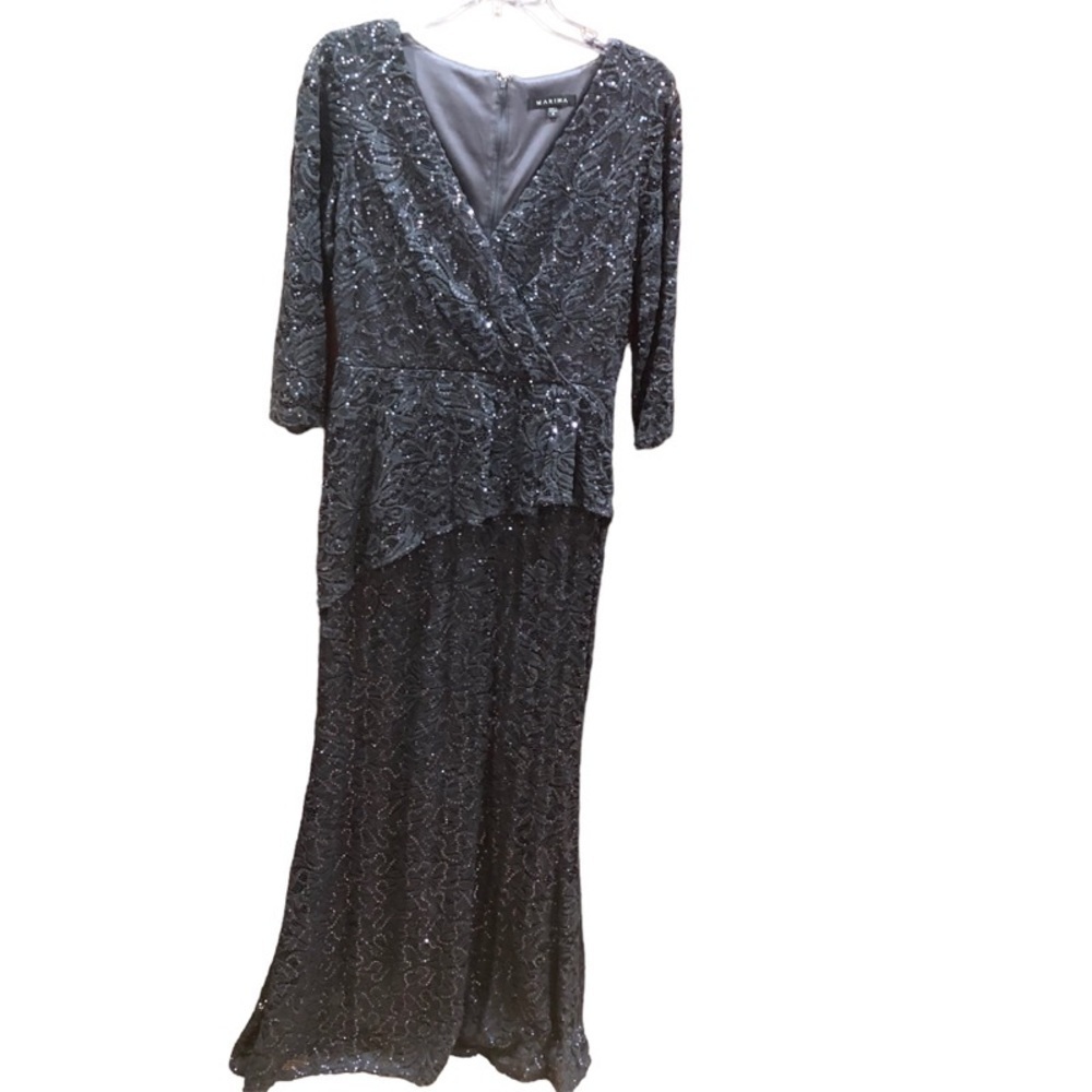 Marina Pewter Grey Lace Sequins 3/4 sleeve Ruffle Mermaid Flare Hem Gown Sz 8